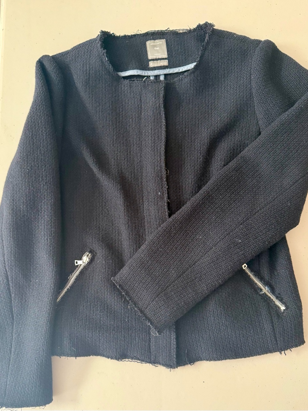 GAP Black Tweed Collarless Jacket with Zip Pockets